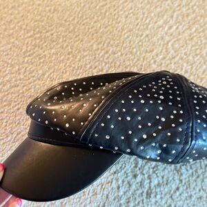 Bebe Black Rhinestone Studded Leather Hat.